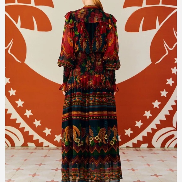 FARM Rio Red and Black Long Sleeve Gown with Bishop Sleeves - Picture 5 of 9